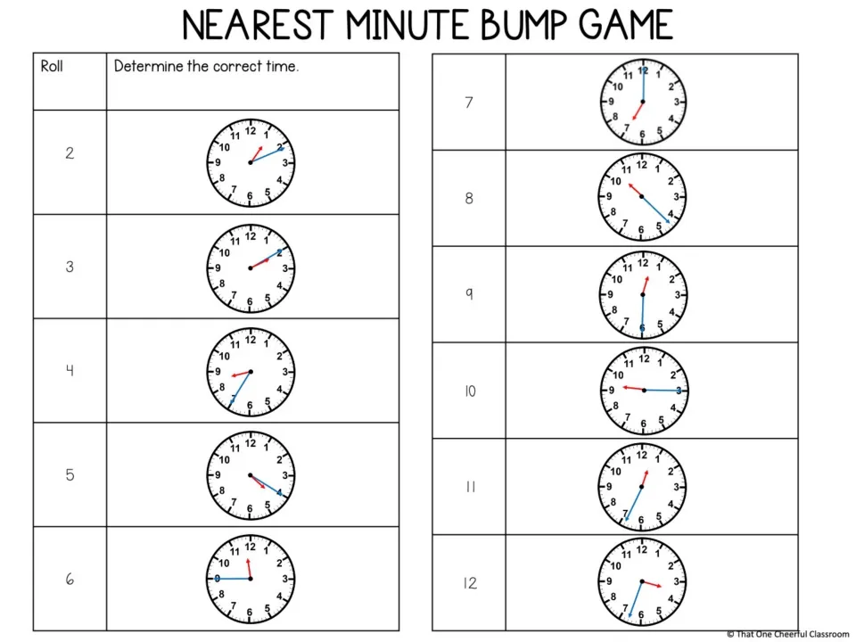 Telling time to the nearest minute: students roll a sum from 2 to 12 and read the analog clock with red and blue hands