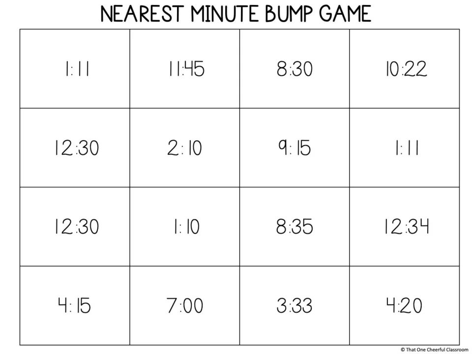Nearest minute gameboard of 16 digital times, including 1:11, 10:22, 12:34 and 3:33, for players to cover with markers