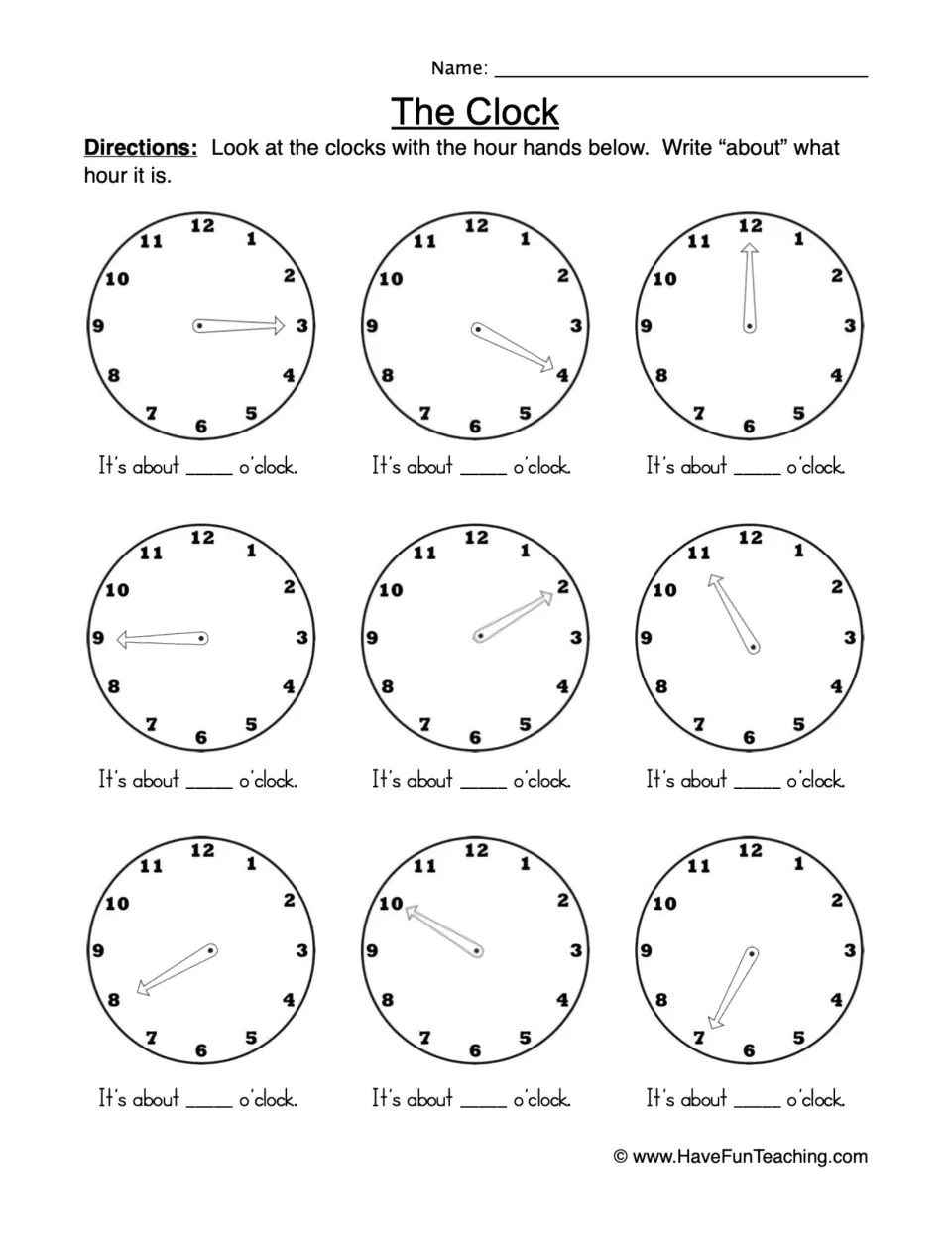 Telling time to the nearest hour: students read 9 hour-hand-only clocks and write about what o'clock each one shows