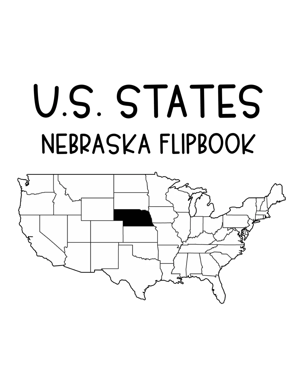 U.S. States Nebraska Flipbook cover showing a map of the United States with Nebraska shaded in black