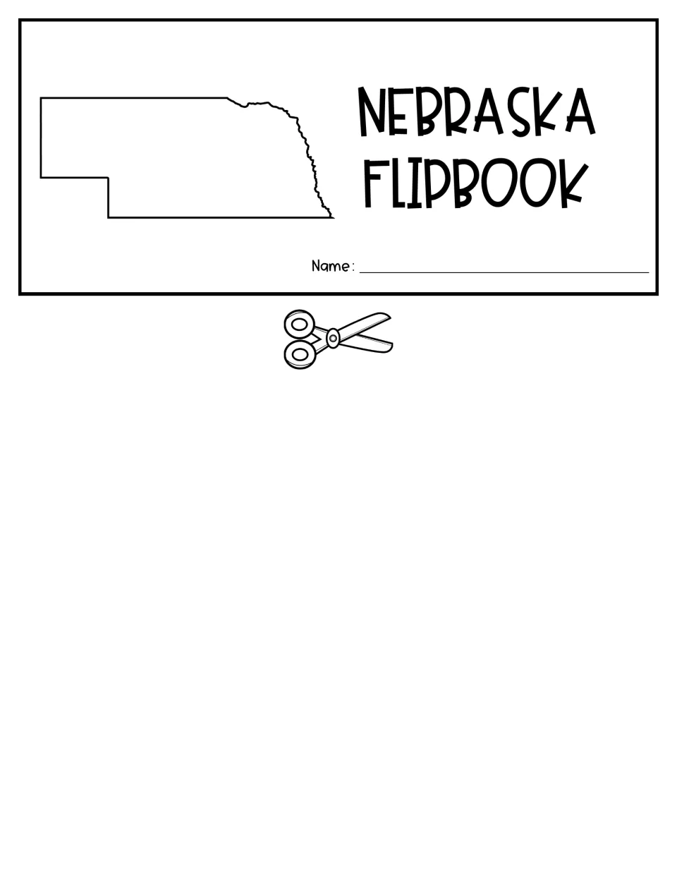 Nebraska flipbook top flap with a state outline to color and a name line; scissors mark where to cut it from the sheet