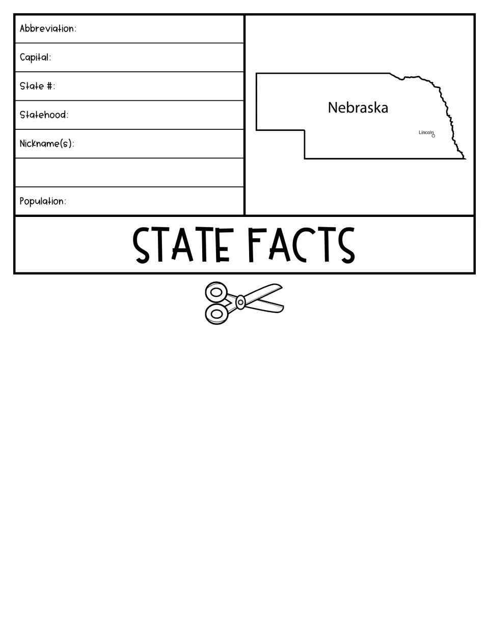 State Facts flap: students record Nebraska's abbreviation, capital, state number, statehood, nicknames and population
