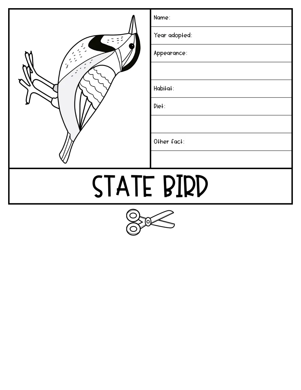 State Bird flap: students color a bird drawing and note its name, year adopted, appearance, habitat, diet and another fact
