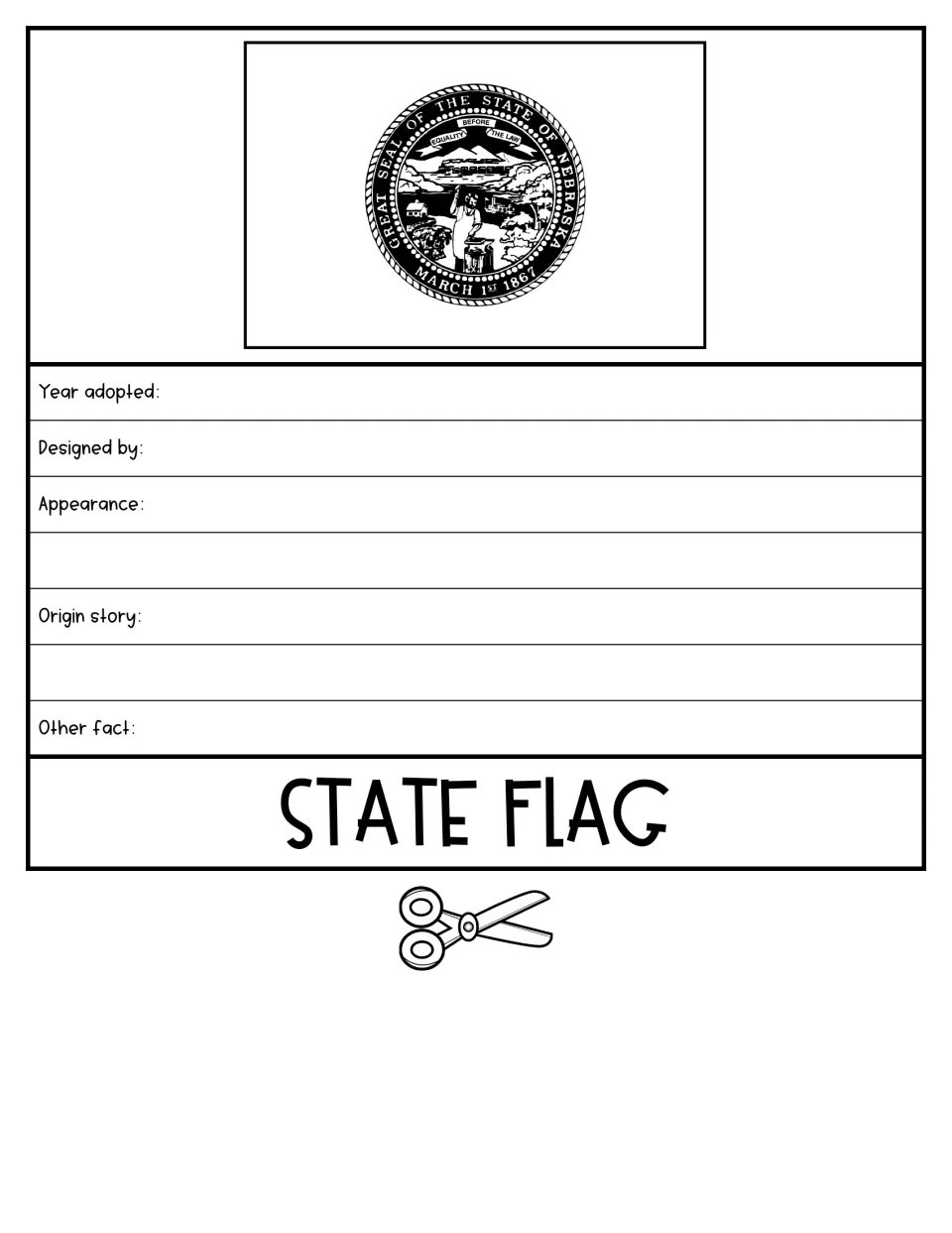 State Flag flap: students color the Nebraska flag with its state seal and note the year adopted, designer and origin story