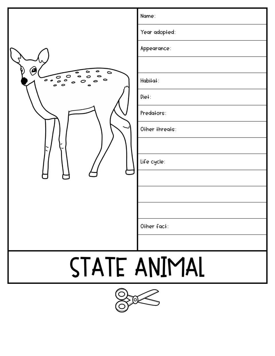 State Animal flap: students color a deer and record its name, habitat, diet, predators, other threats and life cycle
