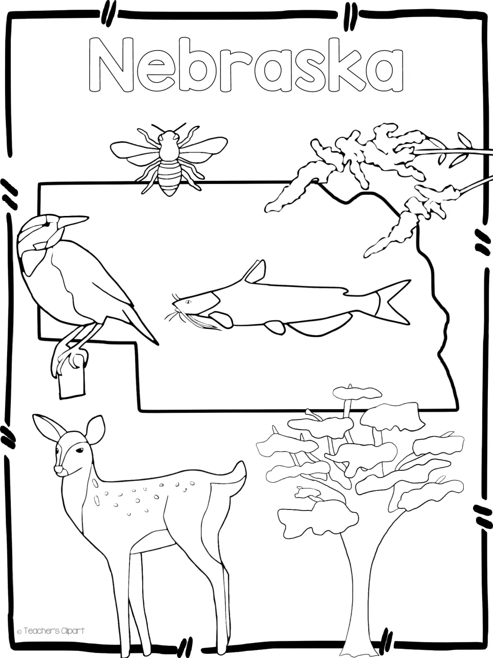 Nebraska line art: a bee, songbird, catfish, deer, tree and flowering plant drawn around the state outline