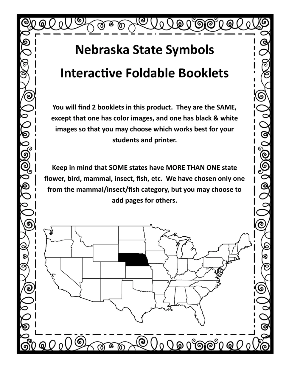 Booklet introduction explains the color and black-and-white versions and shows Nebraska on a U.S. map