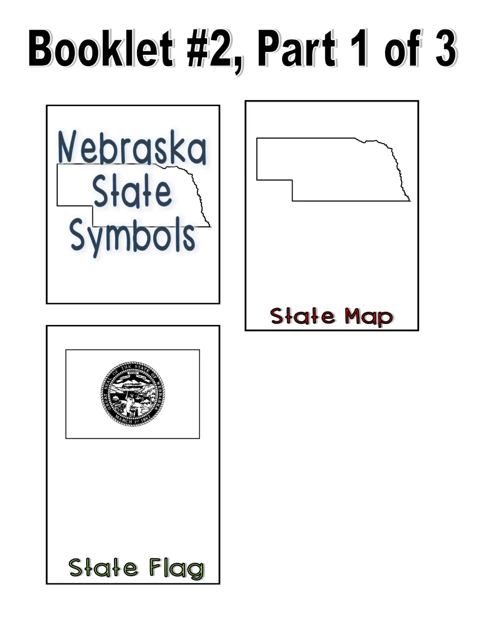 Booklet part 1 of 3 includes title, state map, and state flag cutout pages with black-and-white images