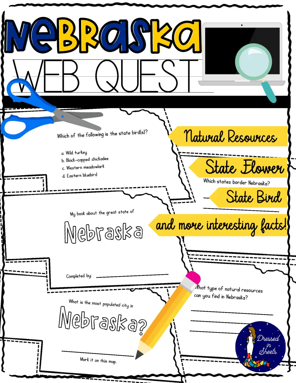 Nebraska Web Quest cover previewing state-shaped book pages on natural resources, state flower, state bird and more facts