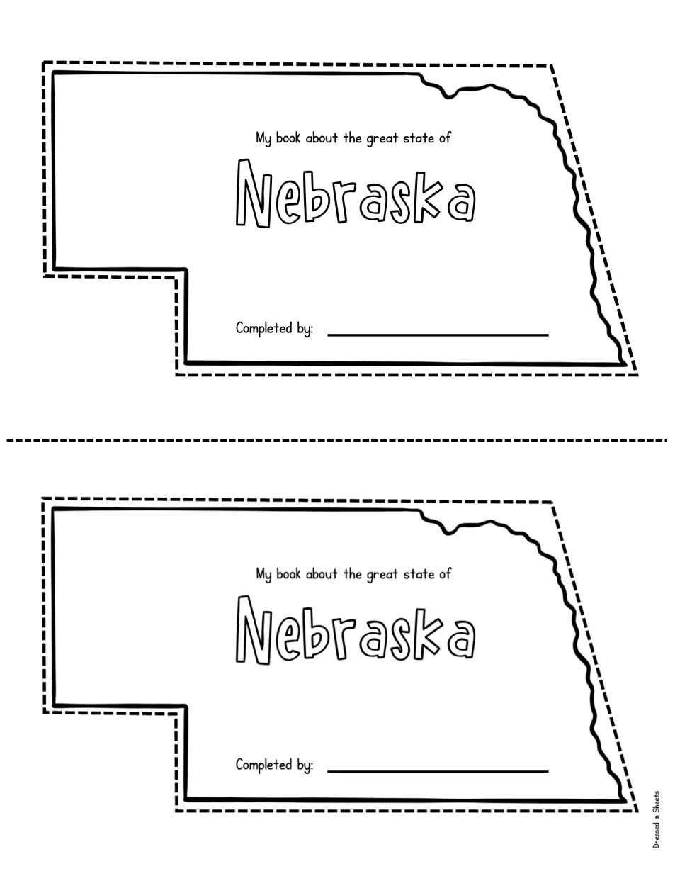 Nebraska book cover: two state-shaped covers reading 'My book about the great state of Nebraska' with a name to fill in