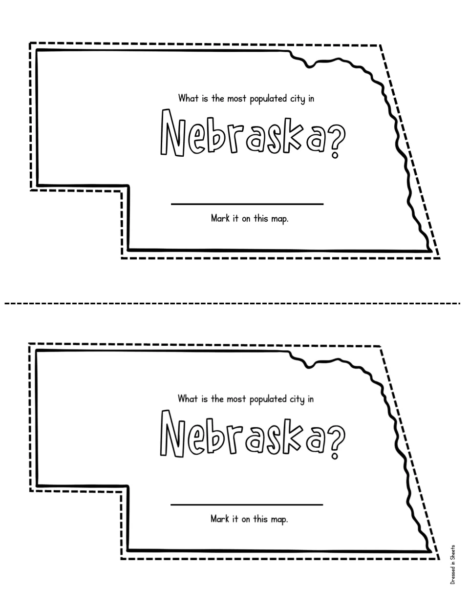 Nebraska largest city: students research the most populated city, write its name and mark it on the state outline map