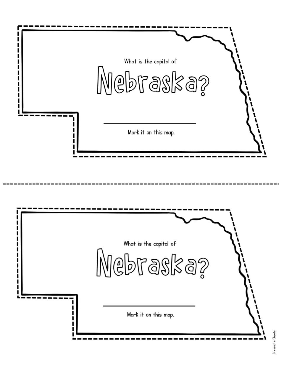 Nebraska state capital: students look up the capital city, write it in and mark its location on the state-shaped map
