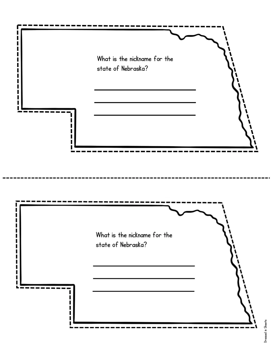 Nebraska state nickname: students find and write the nickname for the state on two copies of the state-shaped page