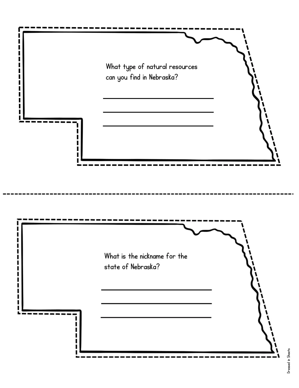Nebraska natural resources: students list resources found in the state; the lower half repeats the nickname question