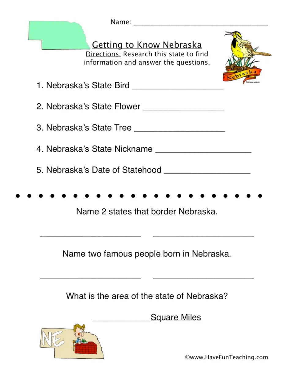 Nebraska research worksheet: state bird, flower, tree, nickname, statehood, bordering states, people, and area