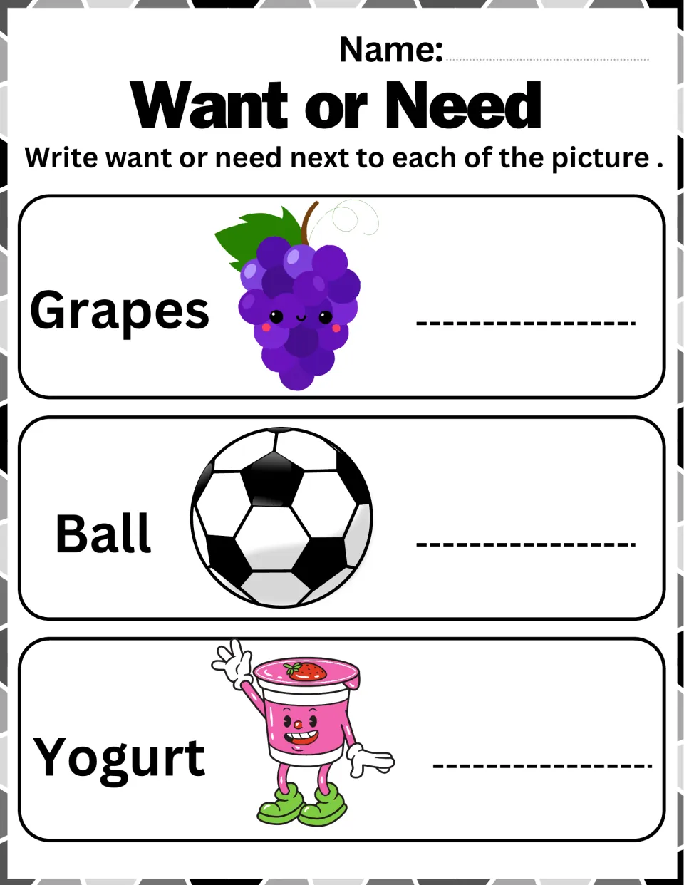 Want or Need sorting: students label grapes, a soccer ball and a yogurt cup as a want or a need on the writing line