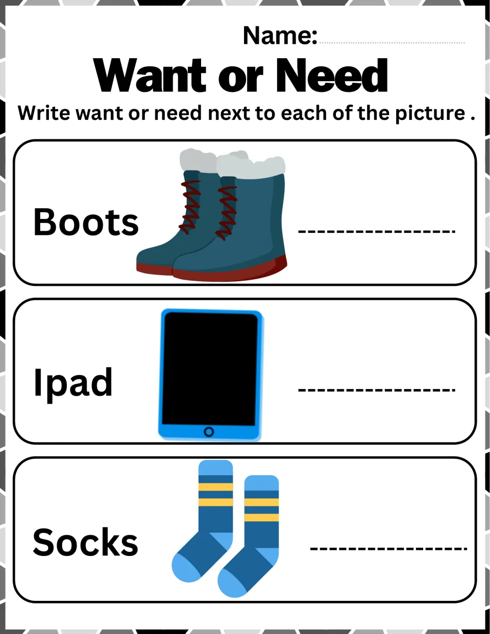 Wants and needs: students decide whether winter boots, an iPad and a pair of socks are wants or needs and write it