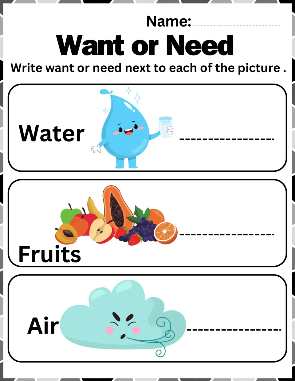 Needs vs. wants: students write want or need beside water, a pile of fruits and air, each shown as a cartoon picture