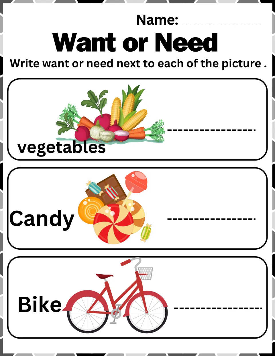 Want or Need: students label vegetables, a pile of candy and a red bike, writing want or need beside each item