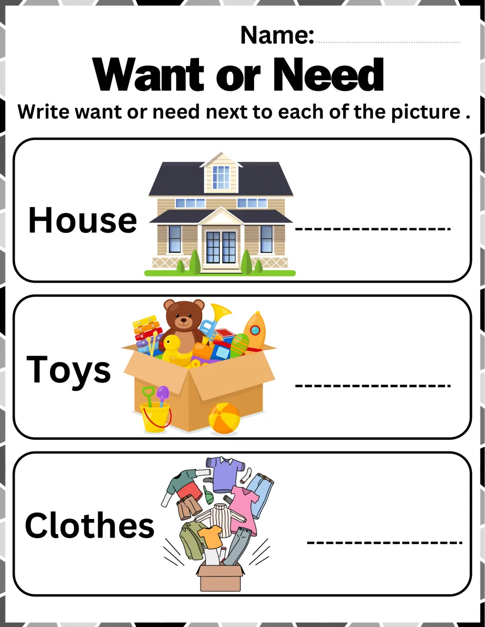 Wants and needs sort: students write want or need next to a house, a box of toys and a box of clothes
