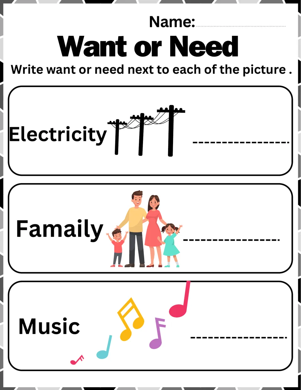 Want or Need: students write want or need for electricity (power lines), family (labeled Famaily) and music notes