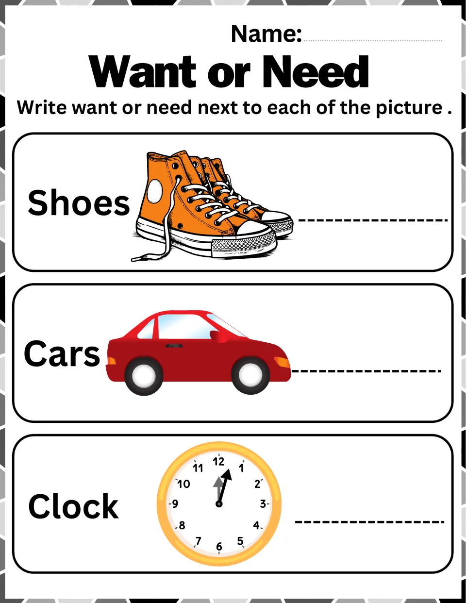 Want or Need: students classify orange sneakers labeled Shoes, a red car labeled Cars and a clock as want or need