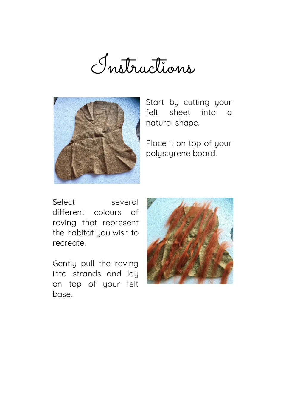 Instructions, first steps: cut felt into a natural shape on foam, then lay strands of habitat-coloured roving on top