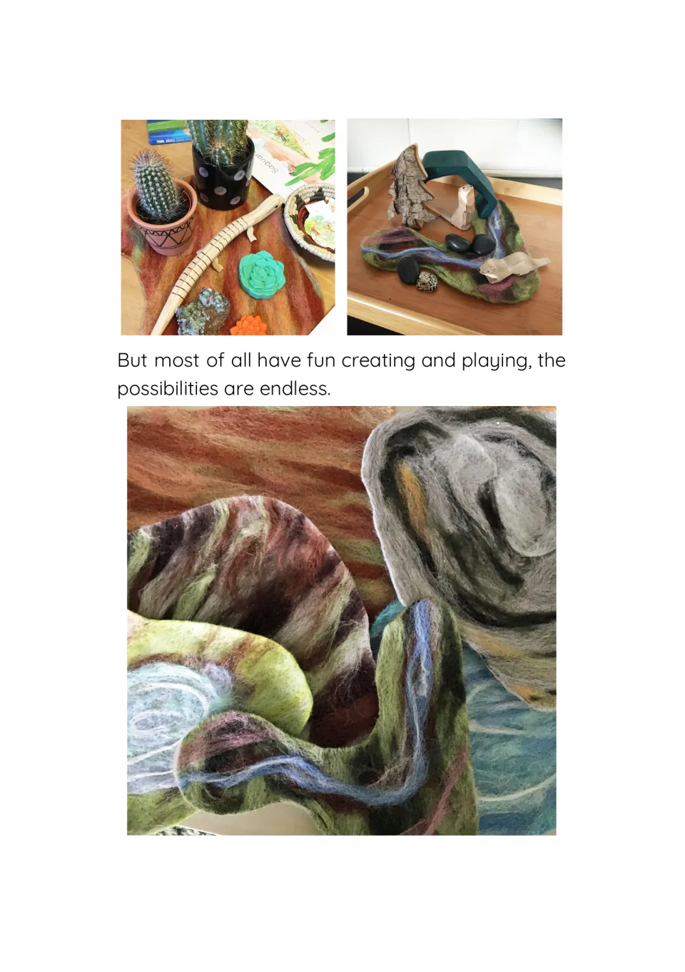 Finished habitat mats in play: a desert scene with cacti and a lizard, a forest stream on a tray, and stacked mats