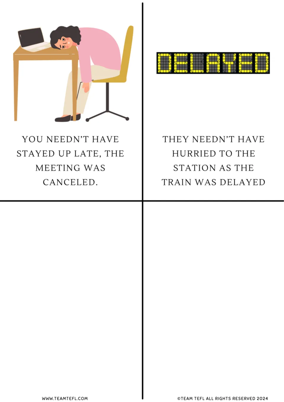 Grammar flashcards 9–10: “needn't have” examples about staying up before a canceled meeting and a delayed train