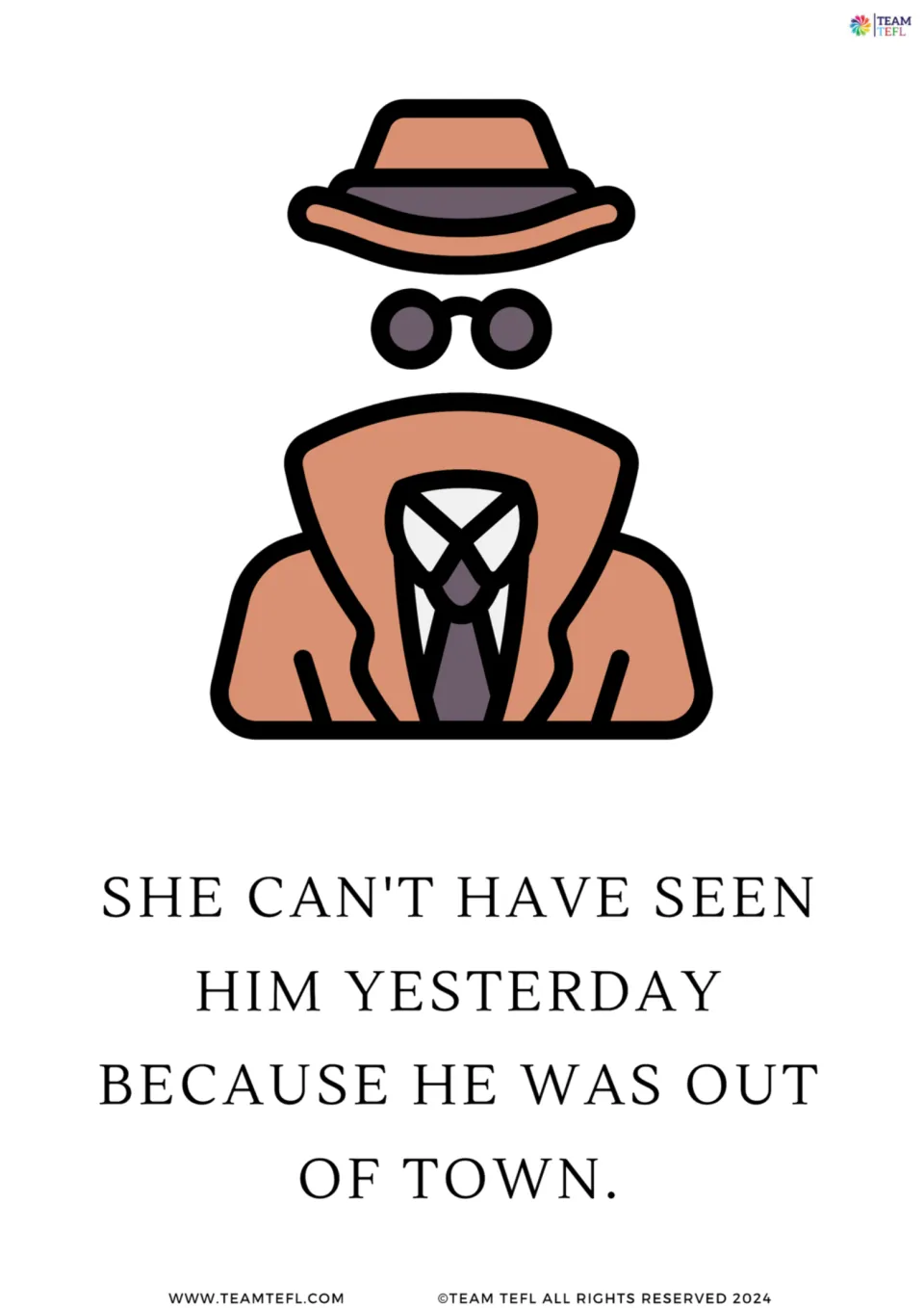 Full-page grammar card 2: “She can't have seen him yesterday because he was out of town,” with a disguise picture