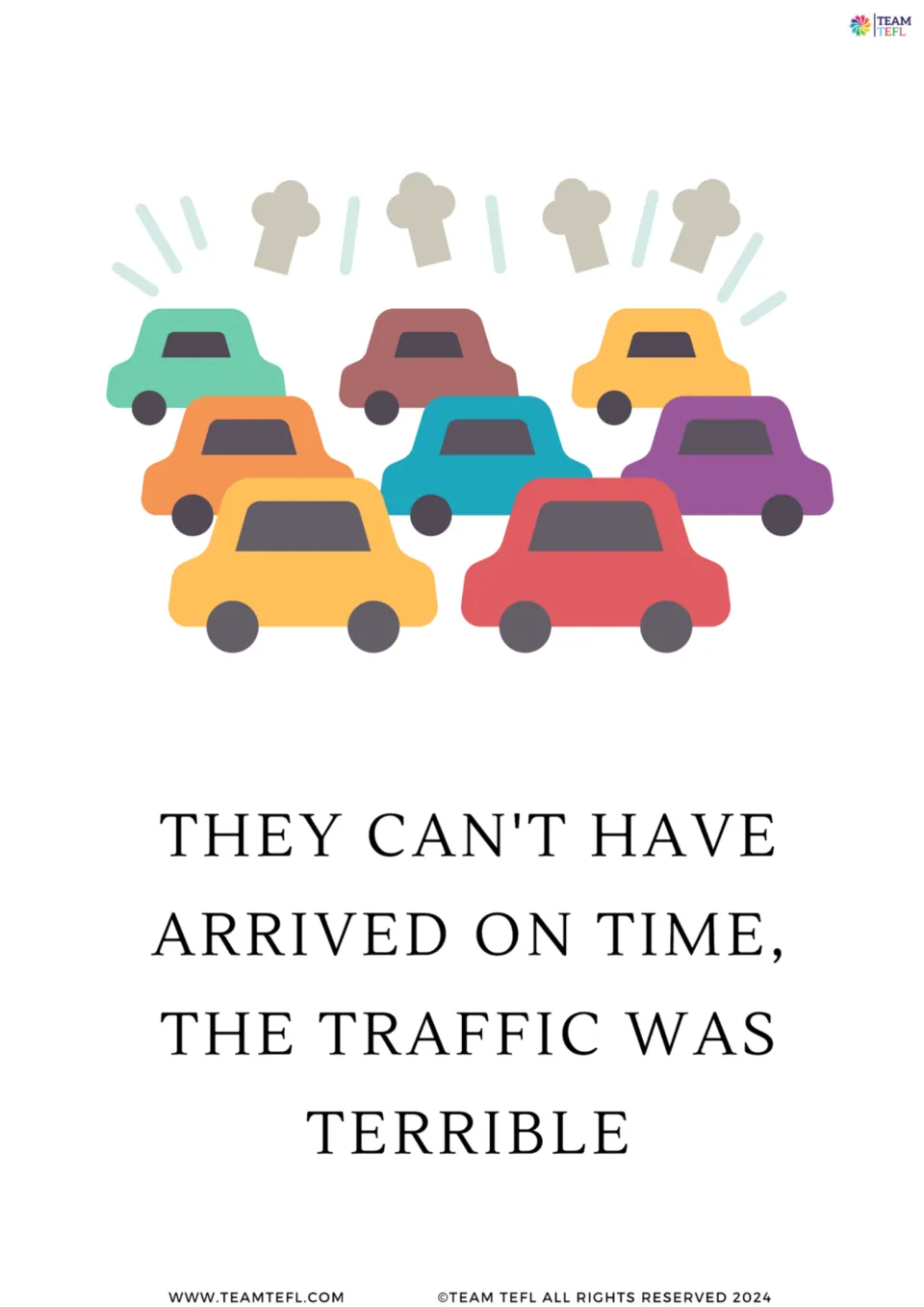 Full-page grammar card 4: “They can't have arrived on time, the traffic was terrible,” illustrated with cars