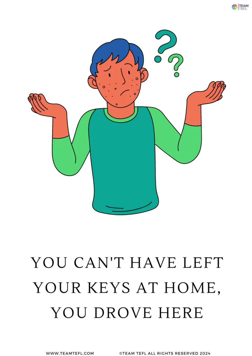 Full-page grammar card 5: “You can't have left your keys at home, you drove here,” with a puzzled person