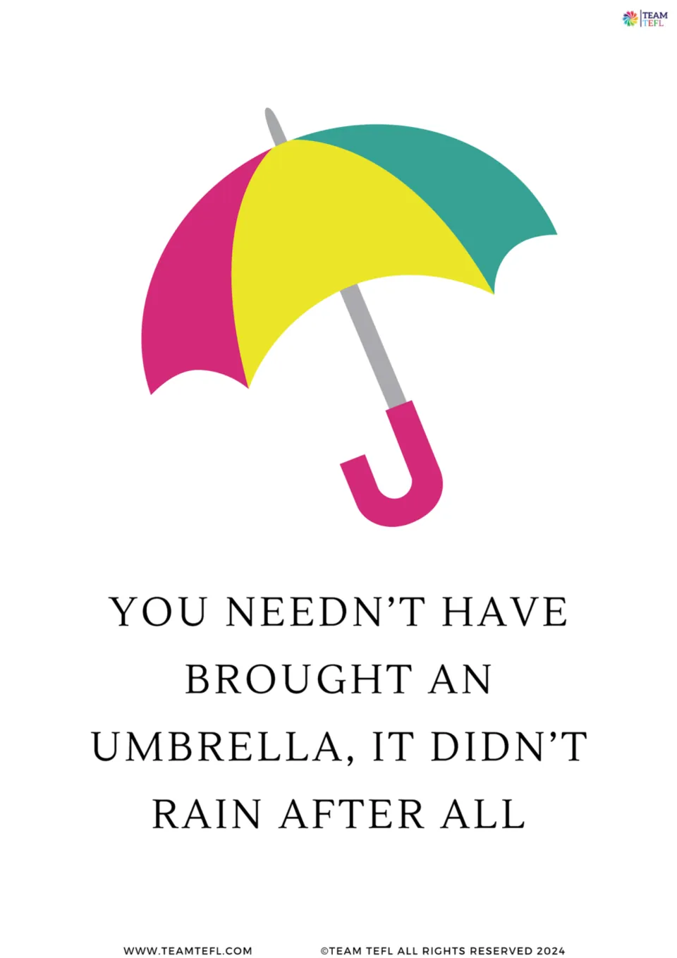 Full-page grammar card 7: “You needn't have brought an umbrella, it didn't rain after all,” with an umbrella