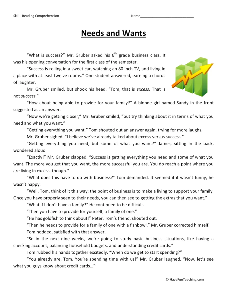 Needs and Wants story: Mr. Gruber's business class debates what success means, from excess to meeting needs first