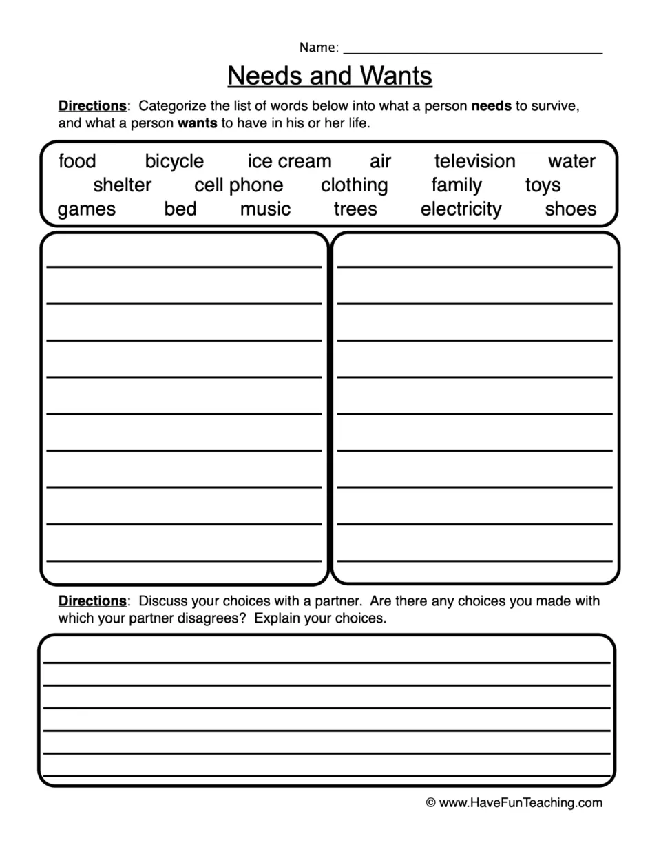 Sorting worksheet: classify 18 words, including food, water, toys, and music, as needs or wants.