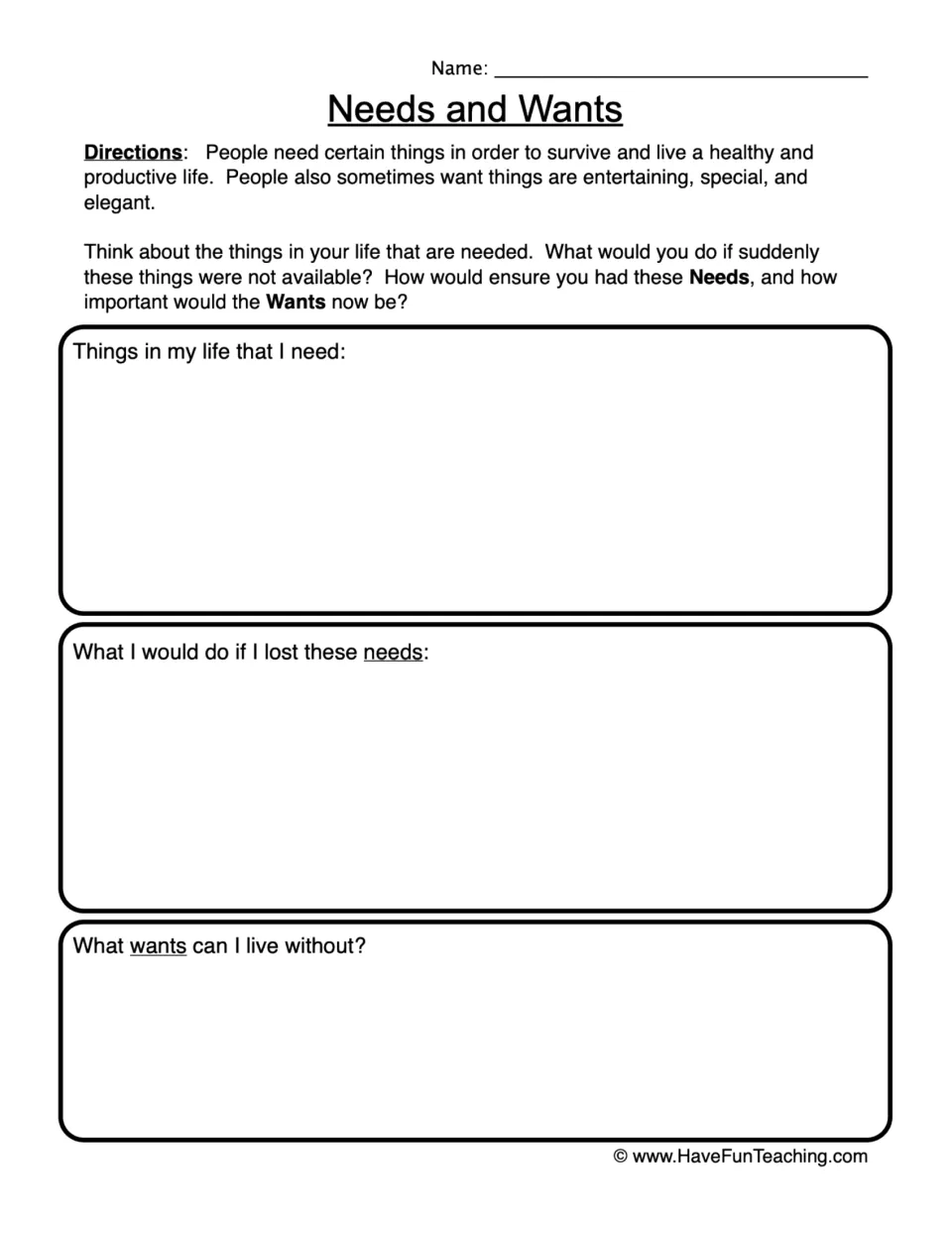 Reflection worksheet: identify personal needs, explain what to do without them, and name wants to live without.