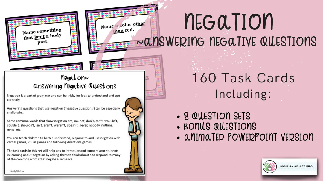 Negation, Answering Negative Questions, 160 Task Cards – cover