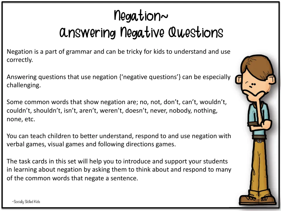 Negation intro: common negative words like no, not, don't, can't, never and nobody, plus how the task cards teach them