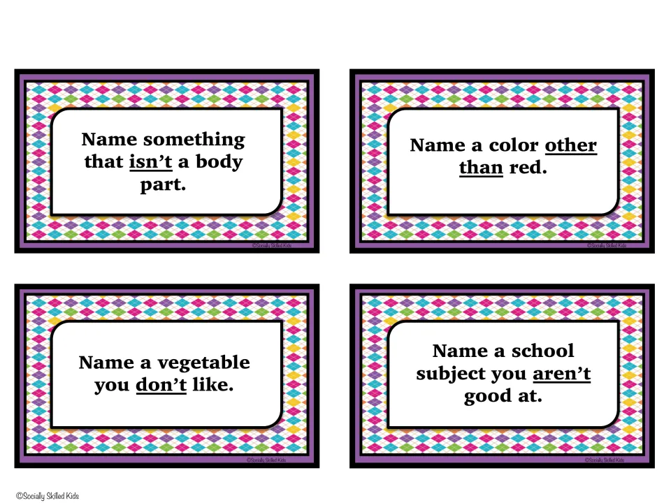 Negation task cards: name something that isn't a body part, a color other than red, a vegetable you don't like