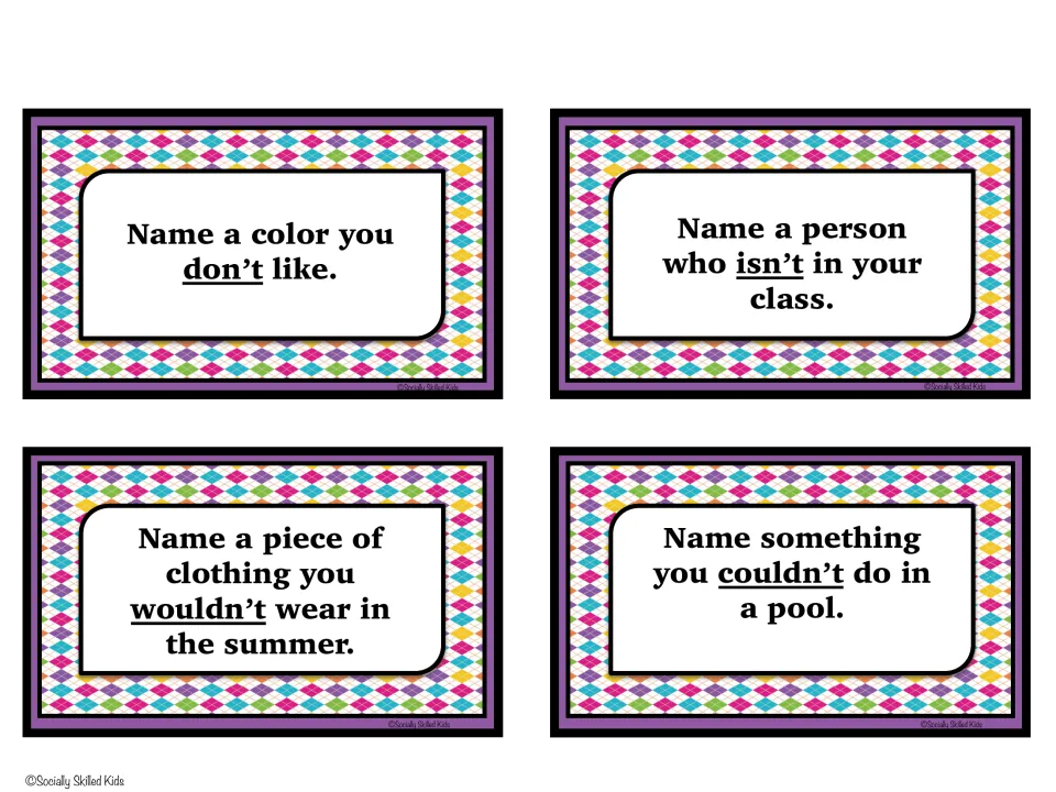 Name It card set: name a color you don't like, a person who isn't in your class and clothing you wouldn't wear in summer