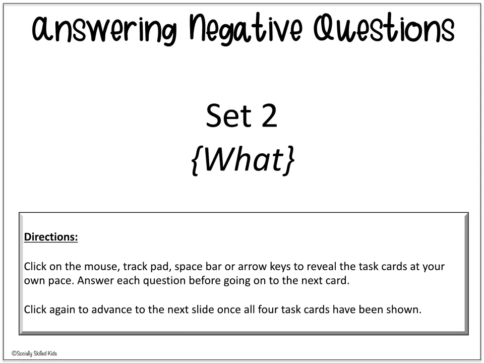 Set 2 What title slide: directions to reveal each card with a click, answer it, then advance after four cards