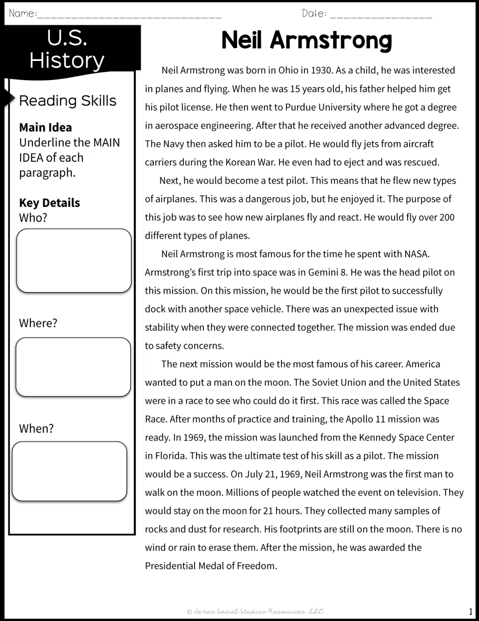 Neil Armstrong biography passage: students underline each paragraph's main idea and note who, where and when details