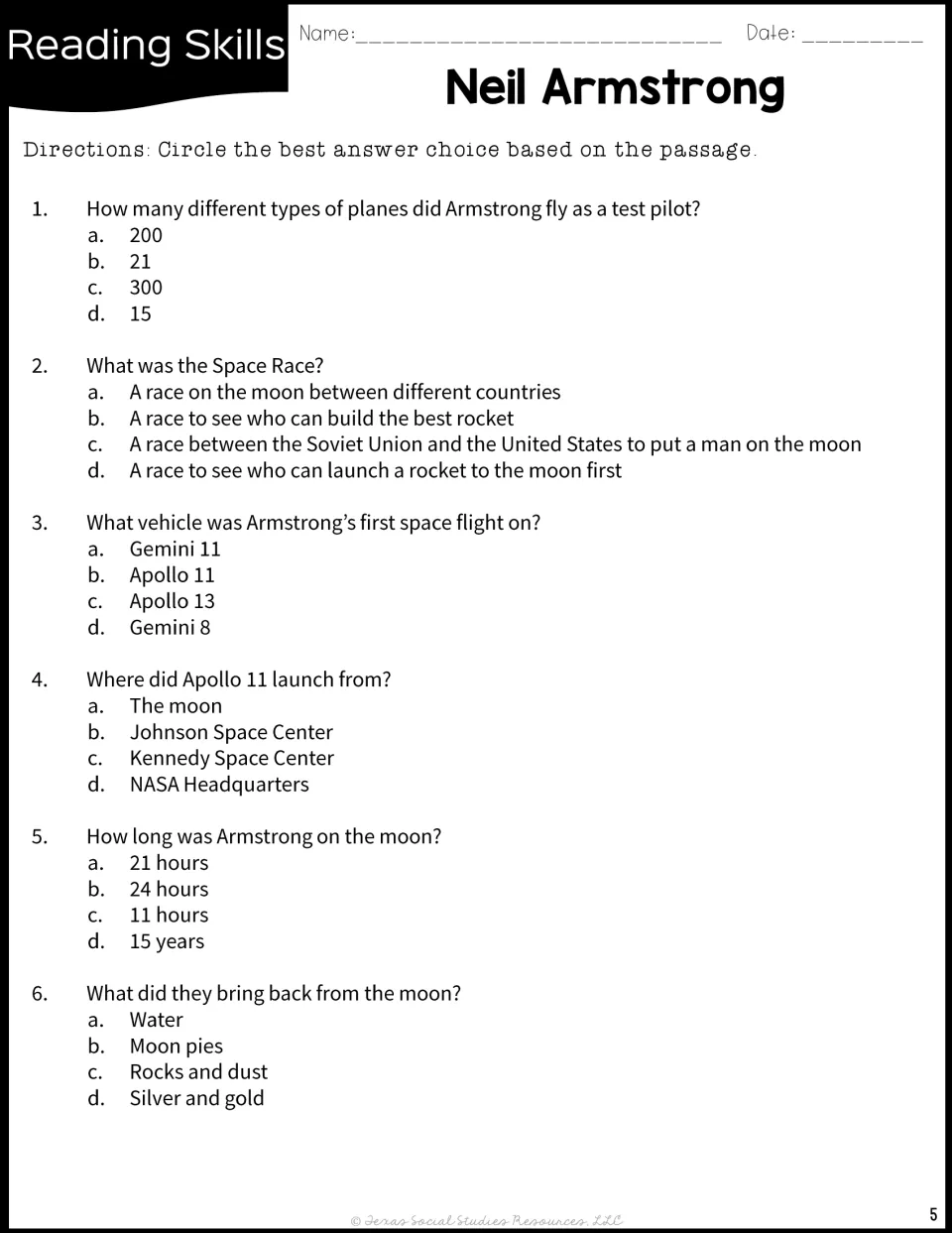 Comprehension quiz on Armstrong: six multiple-choice questions on test flights, the Space Race, Gemini 8 and Apollo 11