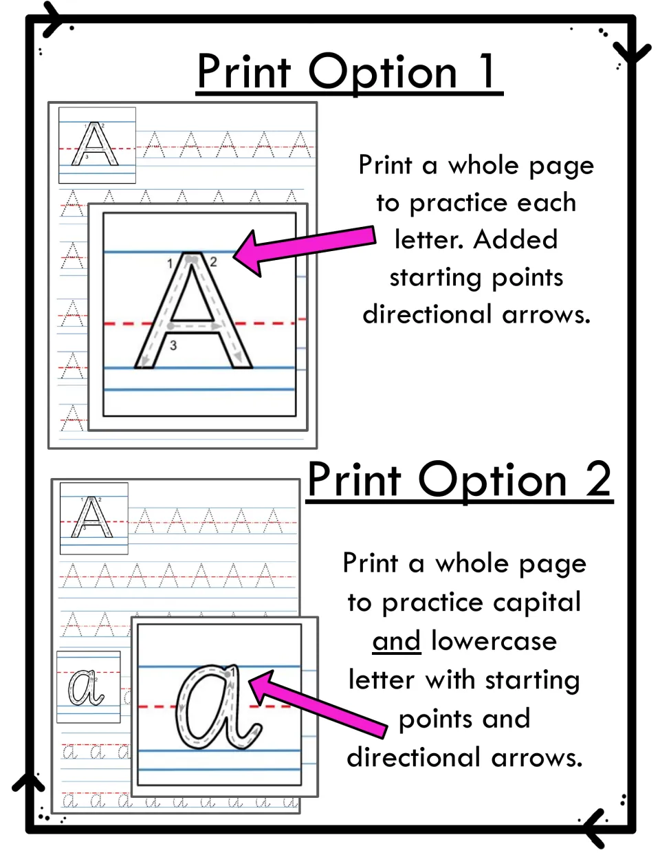 Print options 1 and 2: full-page tracing of each letter, or capital and lowercase together, with starting points and arrows