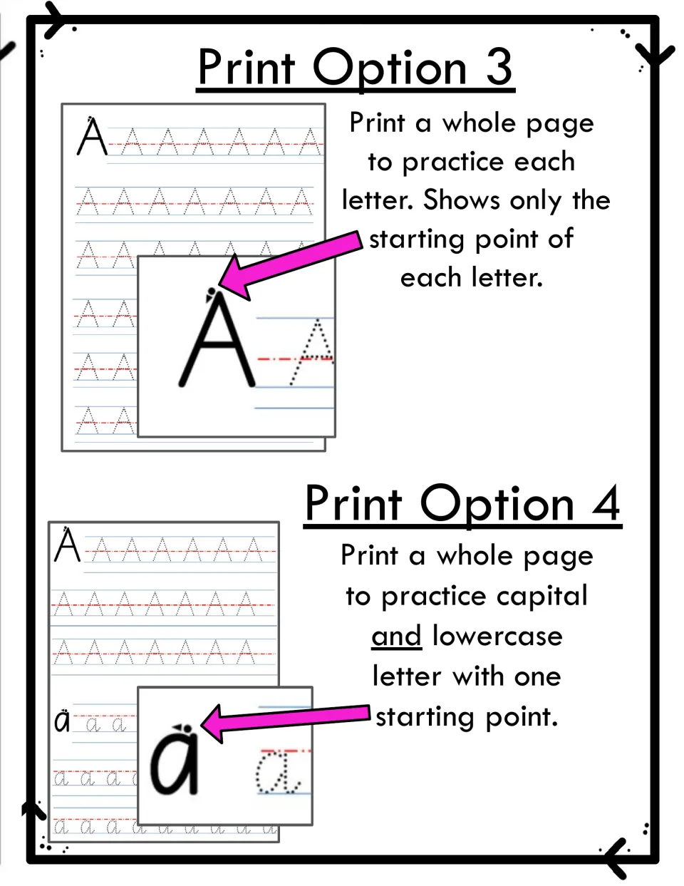 Print options 3 and 4: tracing pages showing only each letter's starting point, for one case or capital plus lowercase