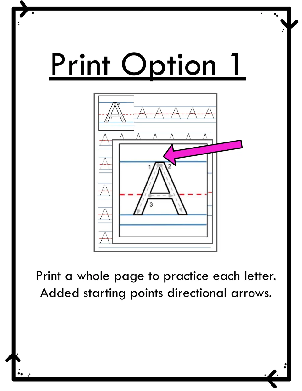 Print option 1 close-up: capital A tracing sample with numbered starting points and directional stroke arrows