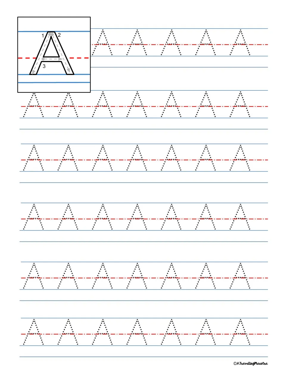 Capital A tracing: students follow the three numbered strokes, then trace rows of dotted A letters on handwriting lines