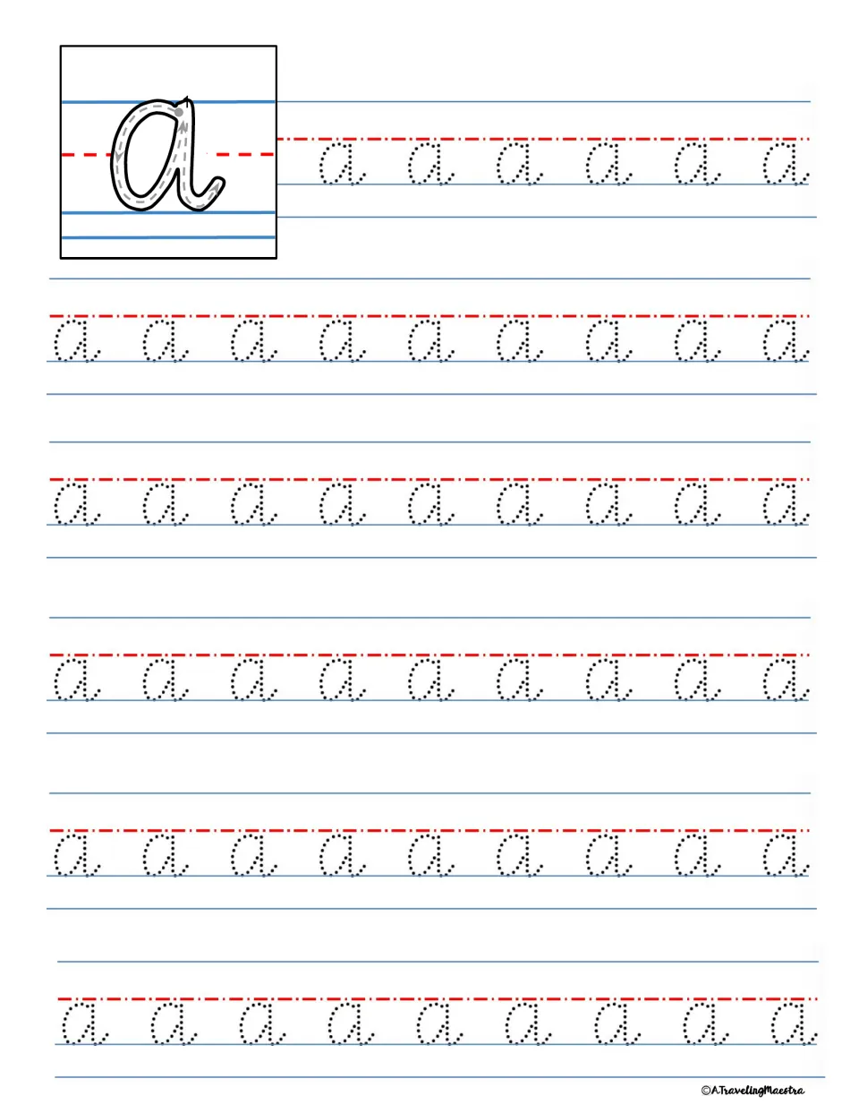 Lowercase a tracing: students start at the marked point, follow the arrow, then trace rows of dotted a letters