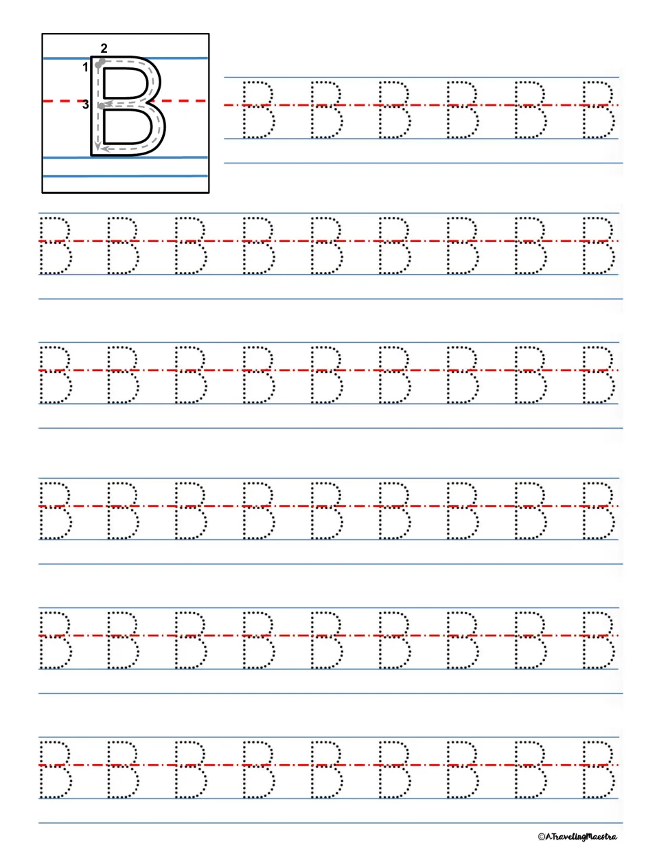 Capital B tracing: students copy the numbered stroke order for B, then trace dotted B letters across six rows