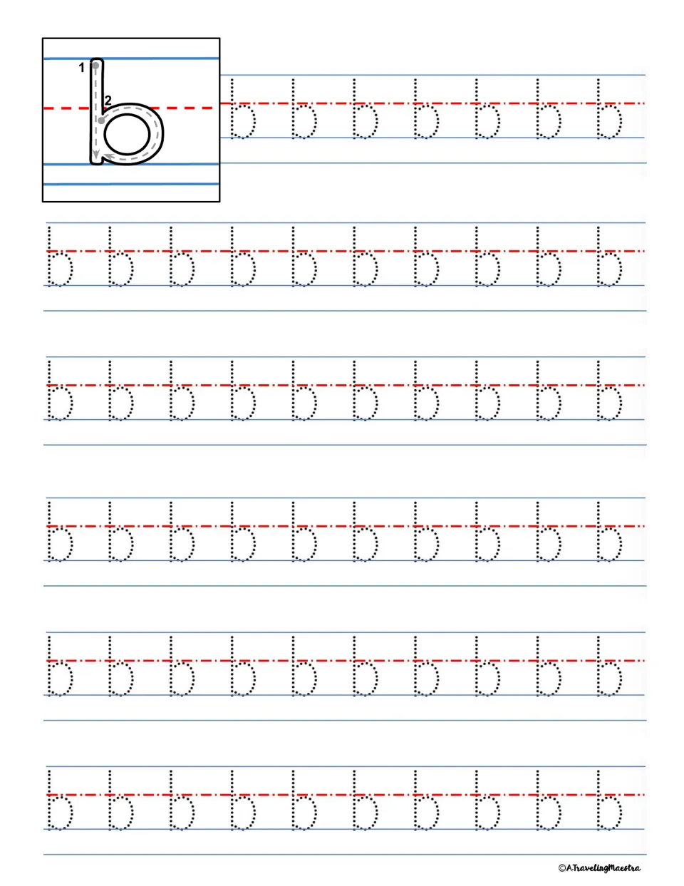 Lowercase b tracing: a two-stroke model shows the tall line then the curve, followed by rows of dotted b to trace